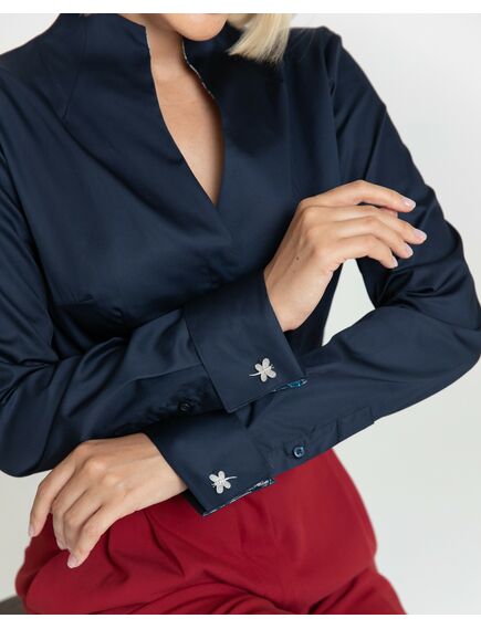 Женская рубашка воротник стойка тёмно-синяя под запонки с отделкой пейсли  - 8346 от ByME 