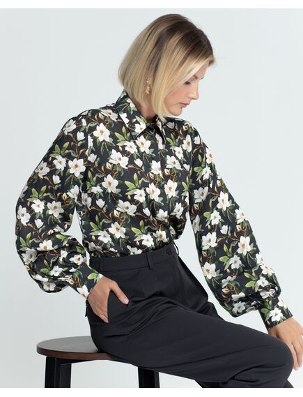 Женская рубашка под пуговицу чёрная принт магнолии - 8381 от ByME 