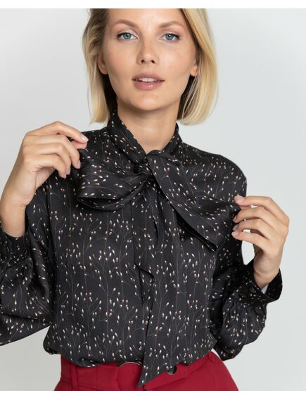 Женская блузка с бантом чёрная с принтом - 8379 от ByME 