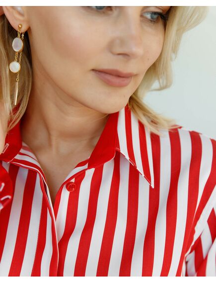 Женская рубашка под запонку в красную полоску с отделкой - 8504 от ByME 