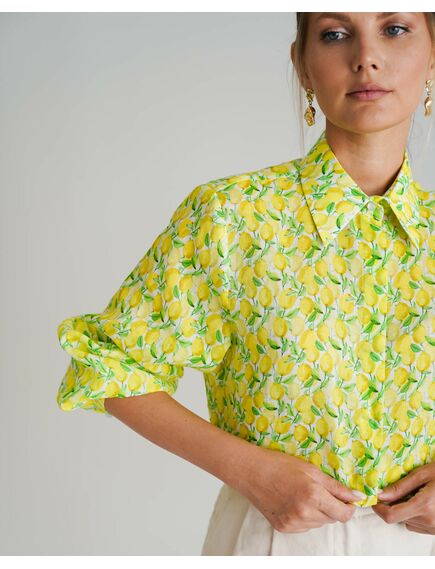 Женская рубашка принт лимоны с рукавами фонариками - 8559 от byME 