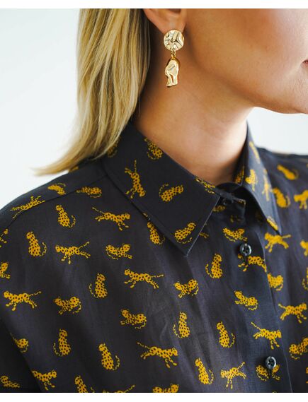 Женская рубашка из крапивы принт золотые леопарды на черном фоне- 8553 от byME 