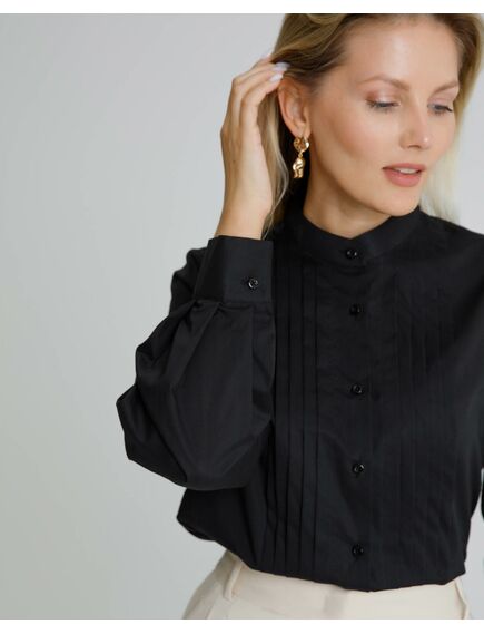 Женская рубашка черная воротник стойка с манишкой - 8565 от byME 