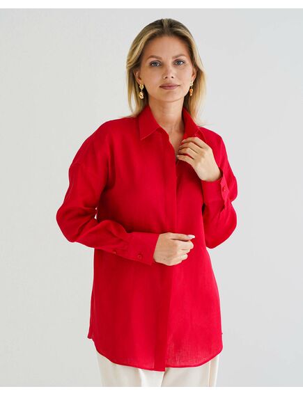 Женская рубашка изо льна оверсайз красная- 8576 от byME 