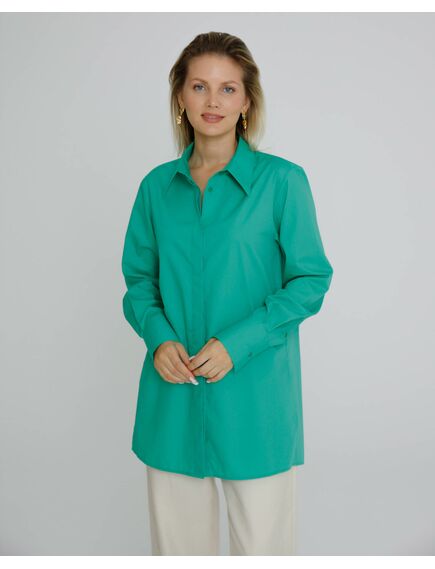 Рубашка женская из хлопка в  ярко зеленом цвете, в прямом силуэте с универсальной манжетой - 8582 от byME 