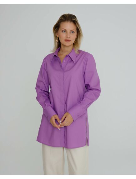 Рубашка женская из хлопка  фиолетовая, в прямом силуэте с универсальной манжетой - 8584 от ByME 