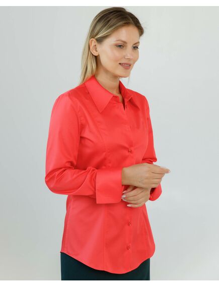 Женская рубашка приталенная под пуговицы в коралловом цвете из хлопка сатинового плетения - 8602 от ByME 