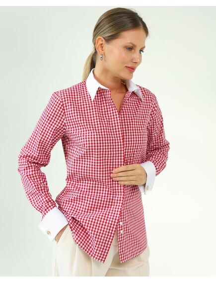 Женская рубашка и хлопка под запонки в красную клетку-8761 от  