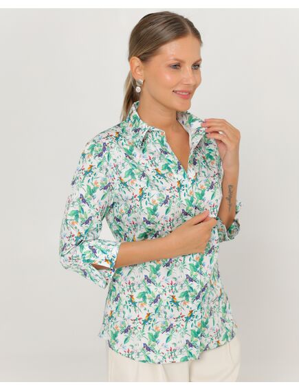 Женская рубашка из хлопка с рукавом 3/4 с отделкой птички в цветах-8788 от byME 
