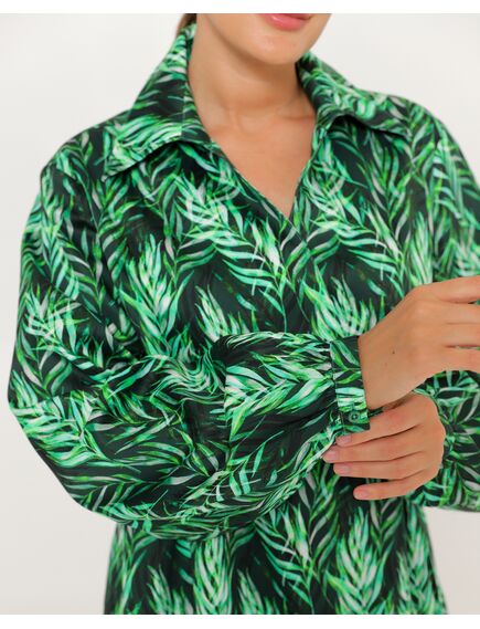 Женская рубашка из хлопка на запа́х с поясом принт листья папоротника-8801 от byME 