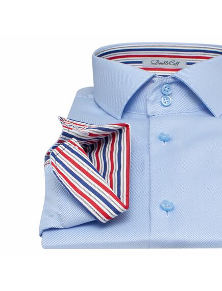 Мужская рубашка под пуговицы голубая фактурная с отделкой Non-Iron - 7589 от Double Cuff 