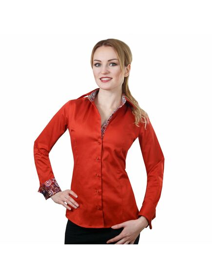 Приталенная женская рубашка под запонки красная с контрастными вставками - 2002 от DoubleCuff 
