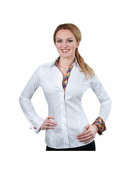 Приталенная женская рубашка под запонки белая с контрастными вставками - 2003 от DoubleCuff 