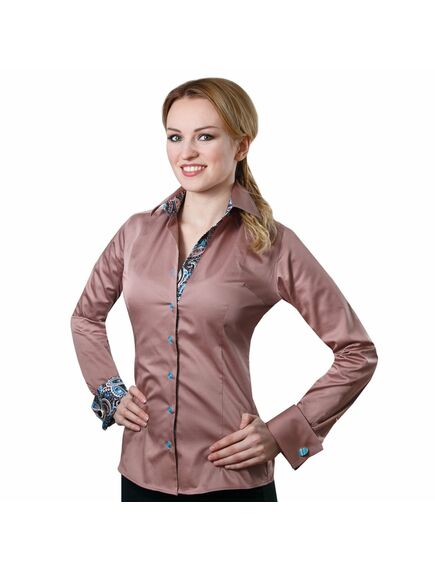 Приталенная женская рубашка под запонки коричневая с контрастными вставками - 2005 от DoubleCuff 