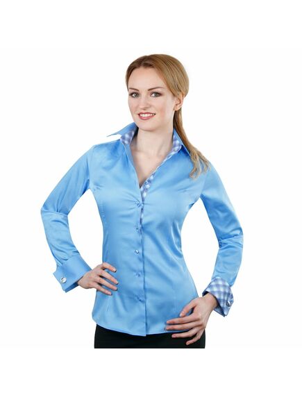 Приталенная женская рубашка под запонки голубая с контрастными вставками - 2009 от DoubleCuff 