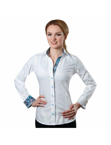 Приталенная женская рубашка под запонки белая с контрастными вставками с отстрочкой по вороту и манж от DoubleCuff 
