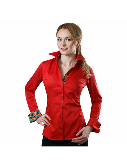 Приталенная женская рубашка под запонки красная с контрастными вставками - 2013 от DoubleCuff 