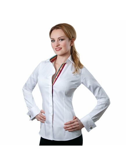 Приталенная женская рубашка под запонки белая с контрастными вставками - 2015 от DoubleCuff 
