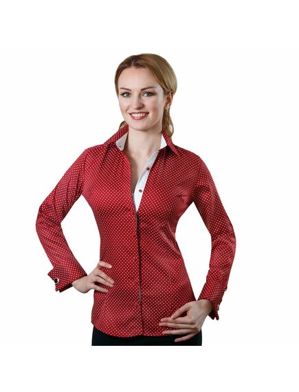 Приталенная женская рубашка под запонки красная в горох с контрастными вставками - 2019 от DoubleCuff 