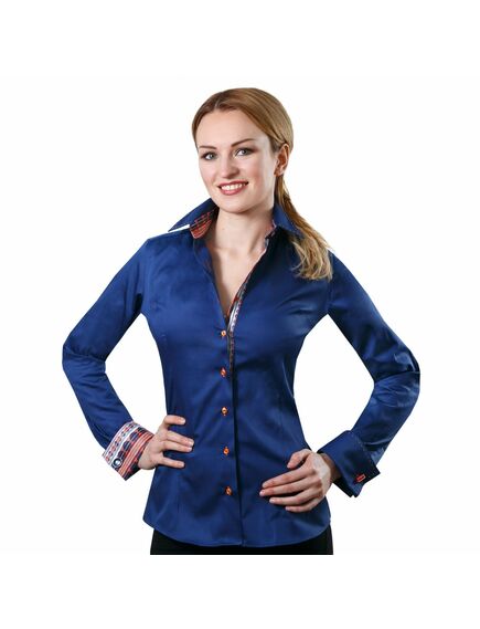 Приталенная женская рубашка под запонки синяя с контрастными вставками с отстрочной на вороте и манжете - 2021 от DoubleCuff 