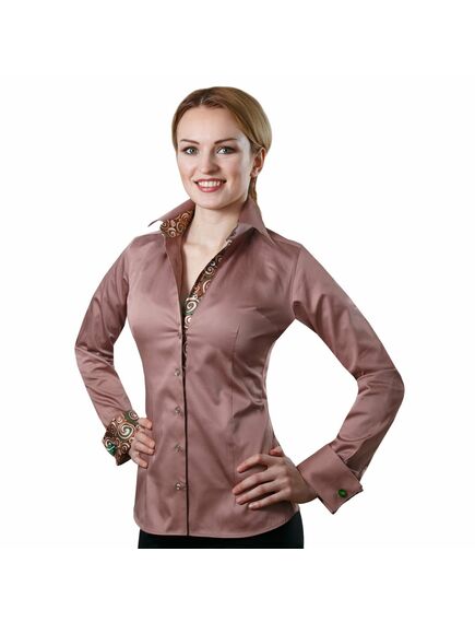 Приталенная женская рубашка под запонки коричневая с контрастными вставками - 2033 от DoubleCuff 