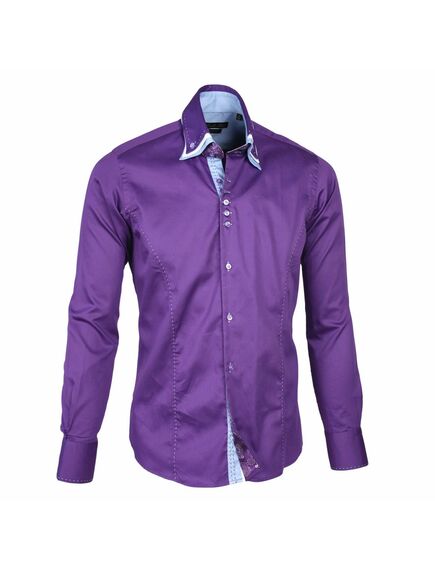 Мужская рубашка приталенная под пуговицы фиолетовая с тройным воротом - 958 от Tonelli 