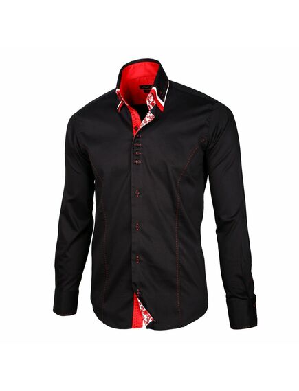 Приталенная мужская рубашка черная с тройным воротом под пуговицы - 900 от Tonelli 