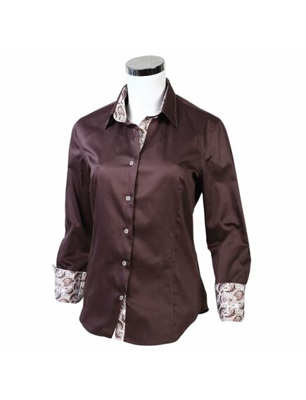 Приталенная женская рубашка коричневая с отстрочкой на вороте, манжете на пуговицах - 1102 от Tonelli 