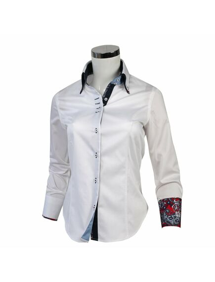 Приталенная женская рубашка на пуговицах белая с двойным воротом со вставками из узора пейсли - 1122 от Tonelli 