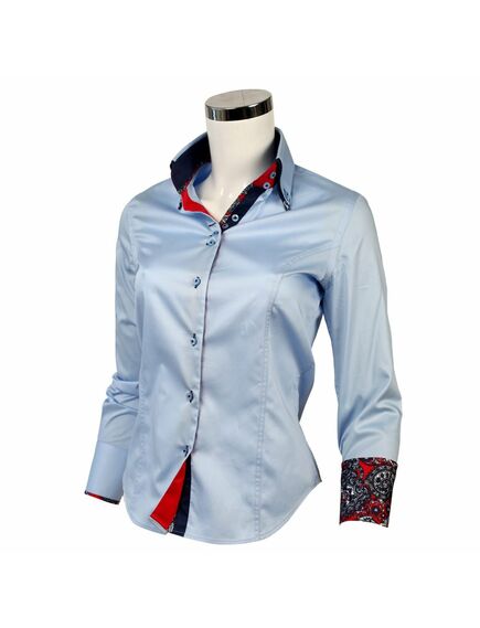 Приталенная женская рубашка на пуговицах голубая с двойным воротом - 1128 от Tonelli 