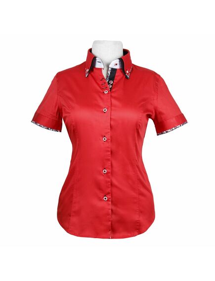 Приталенная женская рубашка на пуговицах с коротким рукавом красная с двойным воротом - 2040 от Tonelli 