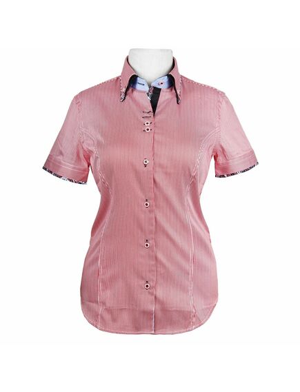 Приталенная женская рубашка на пуговицах с коротким рукавом красная в полоску с двойным воротом - 20 от Tonelli 