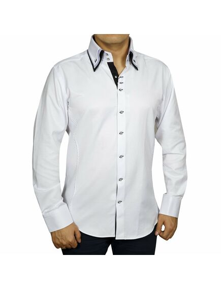 Мужская рубашка приталенная под пуговицы белая с тройным воротом - 4039 от Cotton Club 