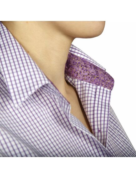 Приталенная женская рубашка под запонки фиолетовая в клетку - 5013 от DoubleCuff 
