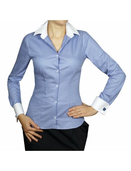 Приталенная женская рубашка под запонки синяя в клетку - 5014 от DoubleCuff 