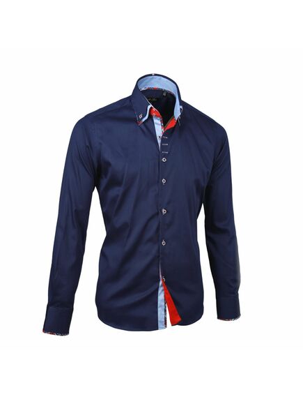 Мужская рубашка темно синяя приталенная под пуговицы с двойным воротом - 3000 от Tonelli 