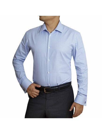 Мужская рубашка под запонки приталенная голубая в клетку - 4019 от DoubleCuff 