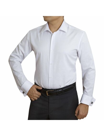 Мужская рубашка под запонки приталенная белая с текстурой "огурцы" - 4026 от DoubleCuff 