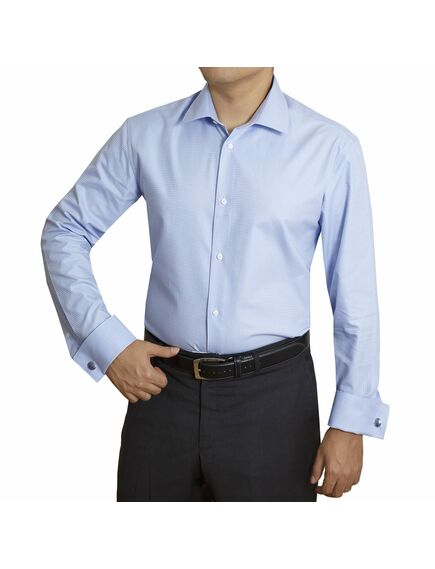 Мужская рубашка под запонки приталенная голубая в клетку - 4028 от DoubleCuff 