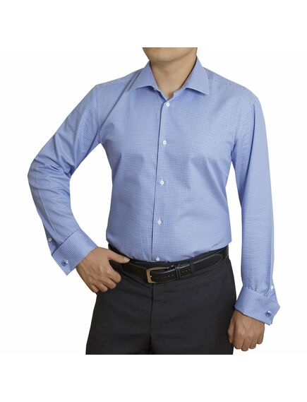 Мужская рубашка под запонки приталенная голубая в клетку - 4030 от DoubleCuff 