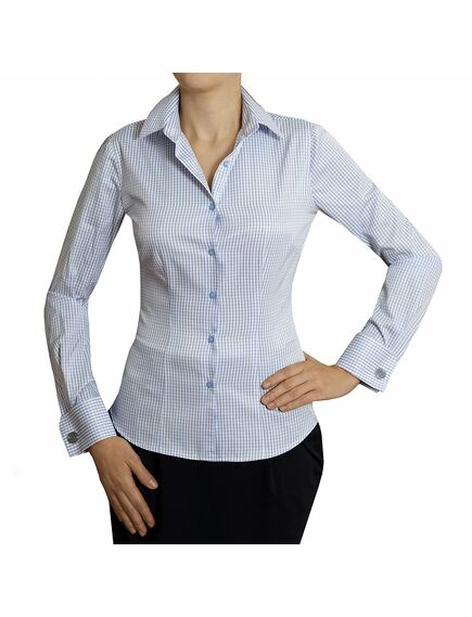 Приталенная женская рубашка под запонки голубая в клетку - 5003 от DoubleCuff 