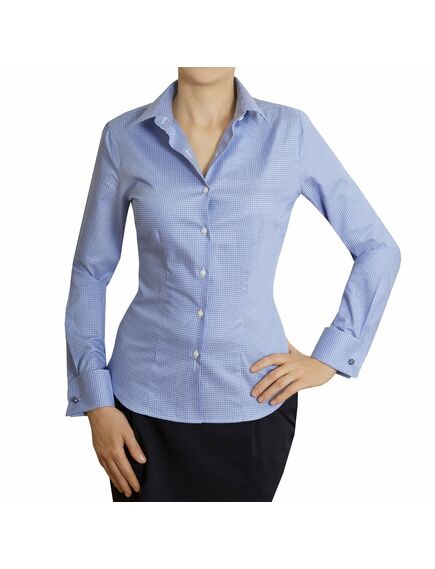 Приталенная женская рубашка под запонки голубая в клетку - 5005 от DoubleCuff 