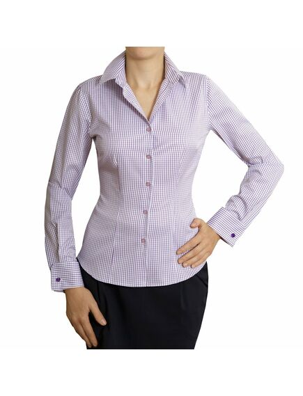 Приталенная женская рубашка под запонки фиолетовая в клетку - 5006 от DoubleCuff 