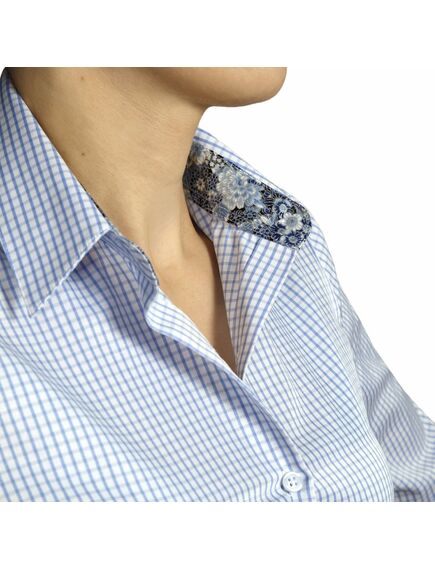 Приталенная женская рубашка под запонки голубая в клетку - 5023 от DoubleCuff 