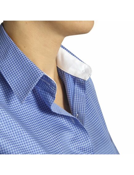 Приталенная женская рубашка под запонки синяя в клетку - 5024 от DoubleCuff 