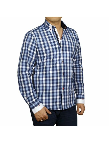 Мужская рубашка приталенная под пуговицы голубая в клетку - 4036 от Cotton Club 
