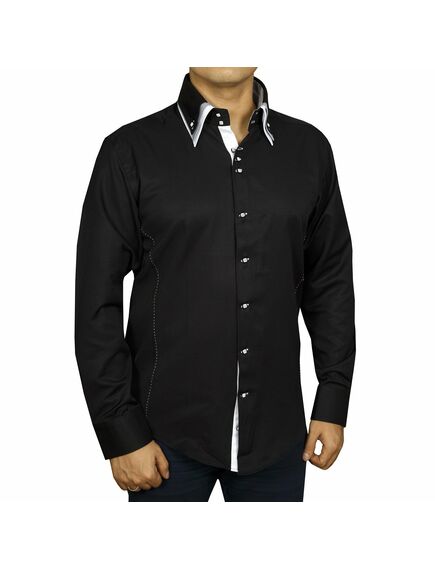 Мужская рубашка приталенная под пуговицы черная с тройным воротом - 4040 от Cotton Club 