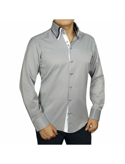 Мужская рубашка приталенная под пуговицы серая с тройным воротом - 4043 от Cotton Club 