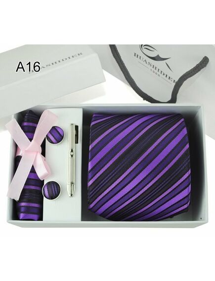набор запонки и галстук в полоску фиолетово черный  - A16 от  