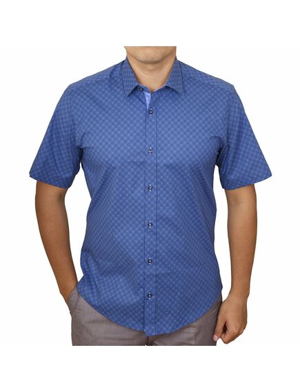 Мужская рубашка приталенная с коротким рукавом синяя с узором - 51147 от Balance 